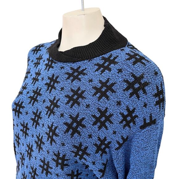 VTG 80s High Neck Drop Sleeve Hashtag Plus Sign Knit Sweater Blue Black SZ 6 - Picture 4 of 9